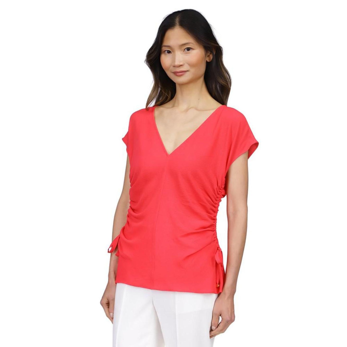 Women's Solid Ruched V-Neck Top