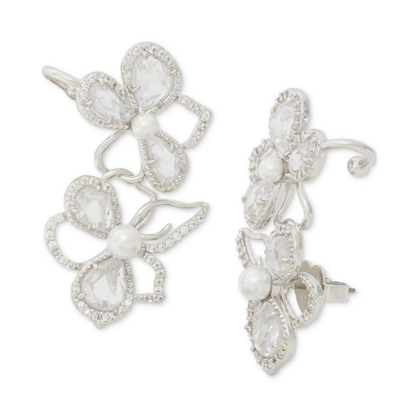 Silver-Tone Cubic Zirconia & Imitation Pearl Flower Statement Ear Cuffs