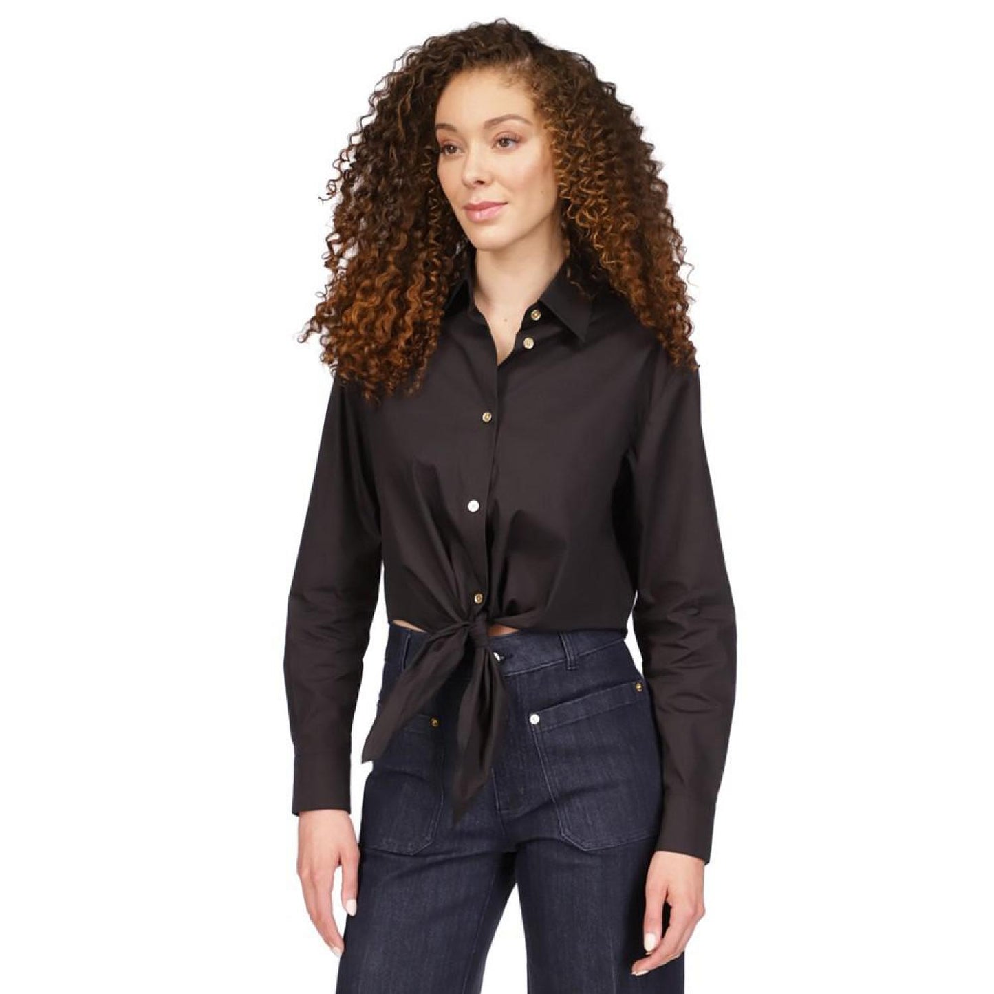 Women's Poplin Tie-Front Button-Down Cotton Shirt, Regular & Petite