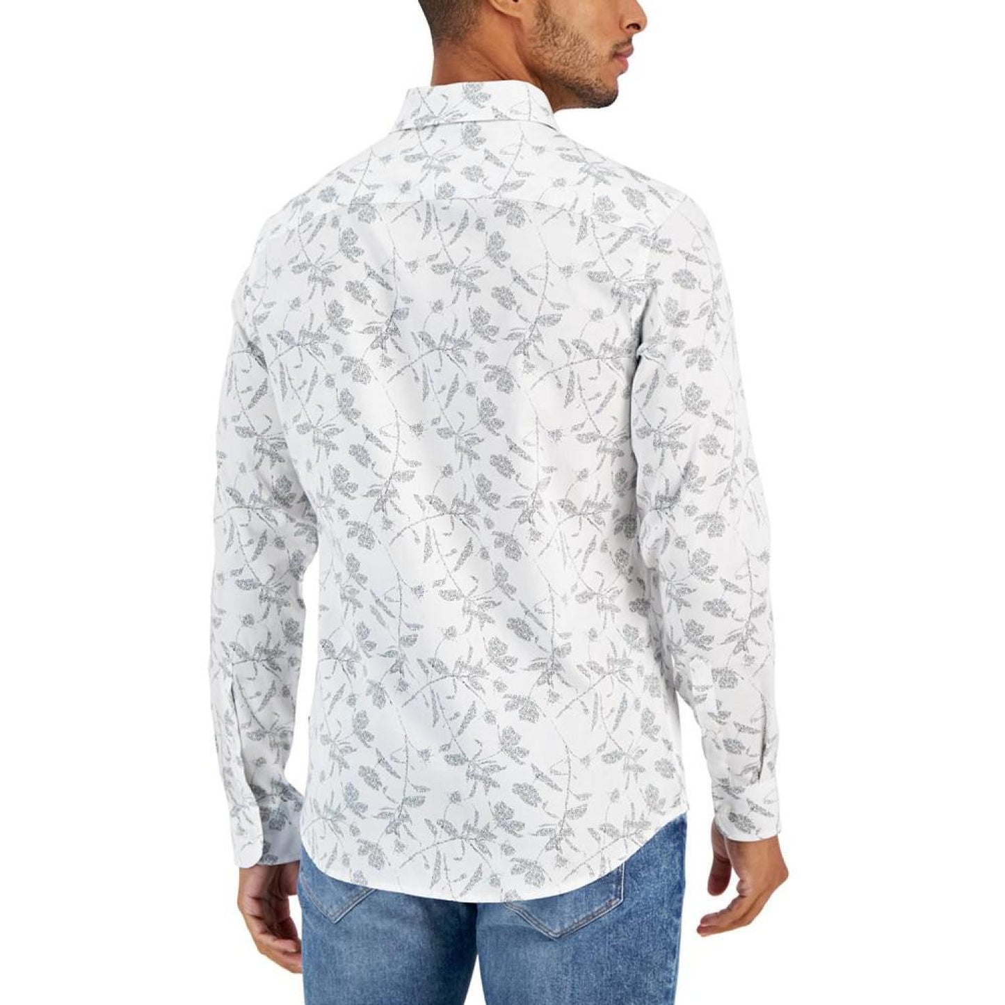 Men's Slim-Fit Stretch Dotted Botanical-Print Button-Down Shirt