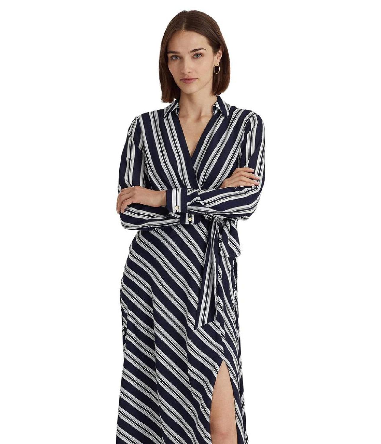 Striped Tie Front Crepe Midi Dress