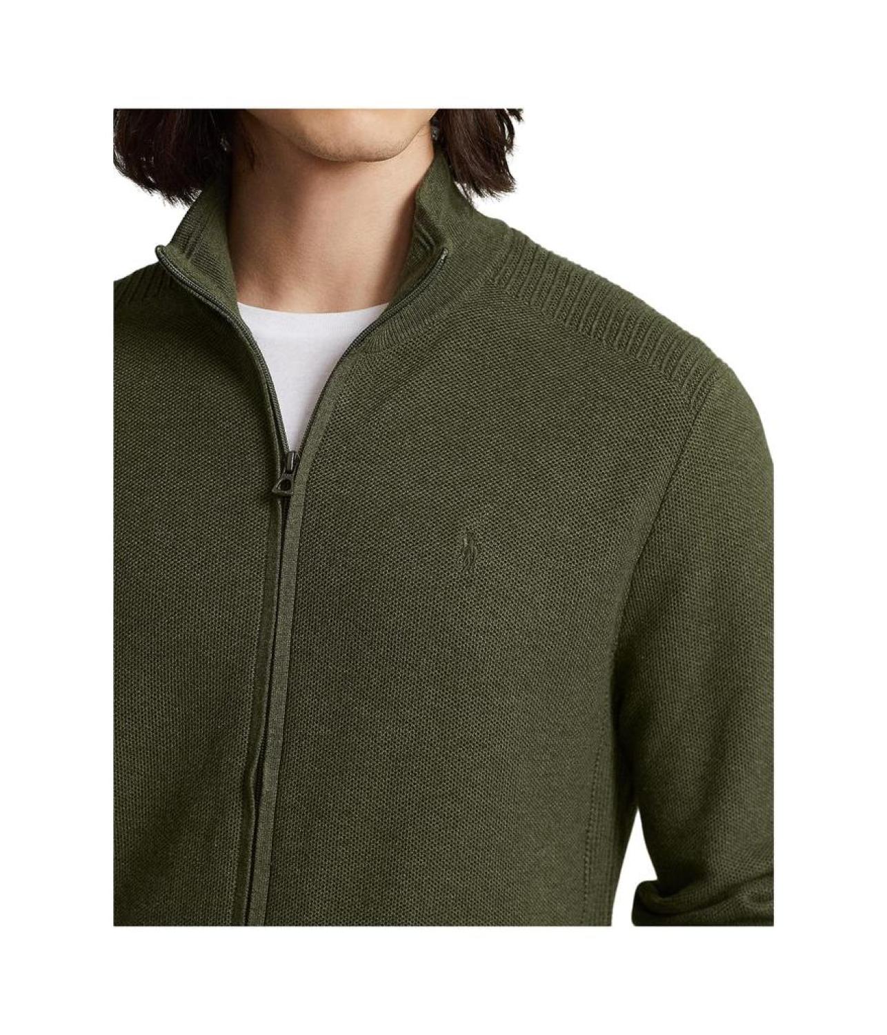 Mesh-Knit Cotton Full Zip Sweater