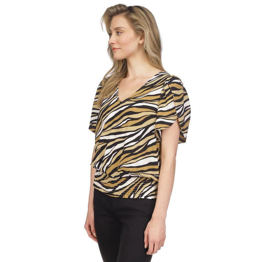 Women's Printed Tulip-Sleeve Smocked Blouse