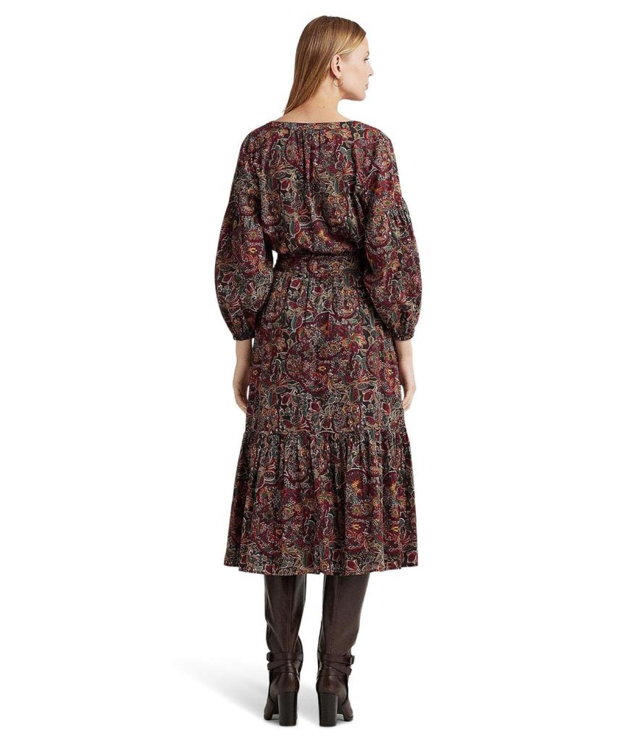 Floral Belted Cotton Voile Tiered Dress