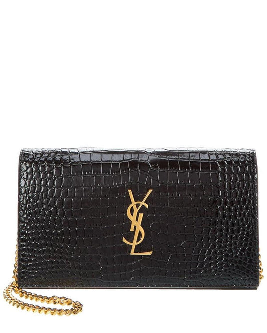 Saint Laurent Cassandre Croc-Embossed Leather Wallet On Chain