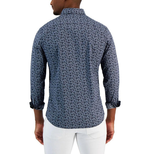 Men's Slim-Fit Stretch Leaf Sketch Print Long-Sleeve Button-Up Shirt