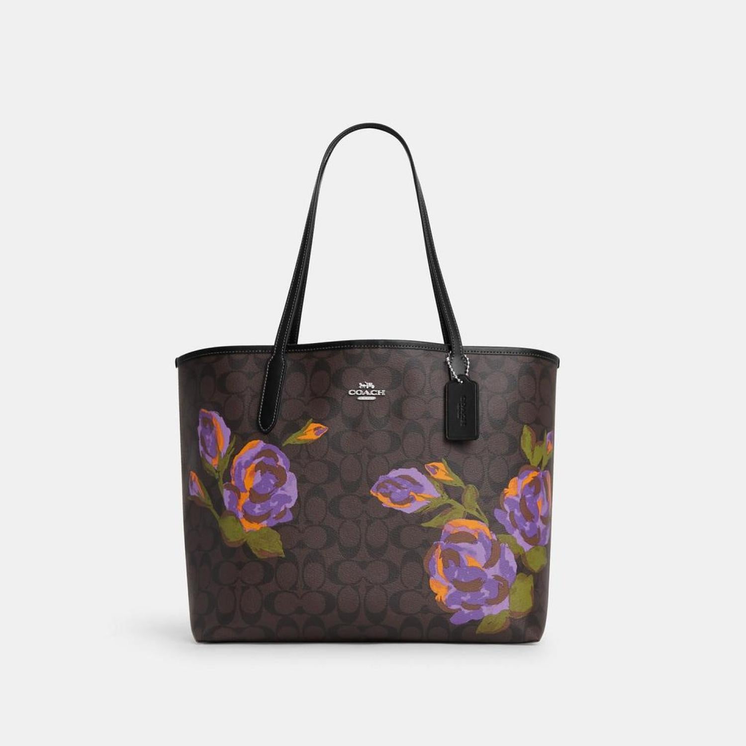 coach backpack with purple flower 1941 Mailbox Bag 35 in Black Prairie Print Flowers Printed coated canvas and smooth leather Two credit card slots Zip Coach New Flower Bag Releases
