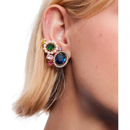 Gold-Tone Multicolor Crystal & Imitation Pearl Ear Climbers