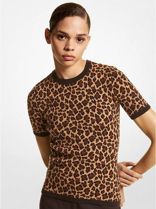 Leopard Jacquard Cashmere Short-Sleeve Sweater