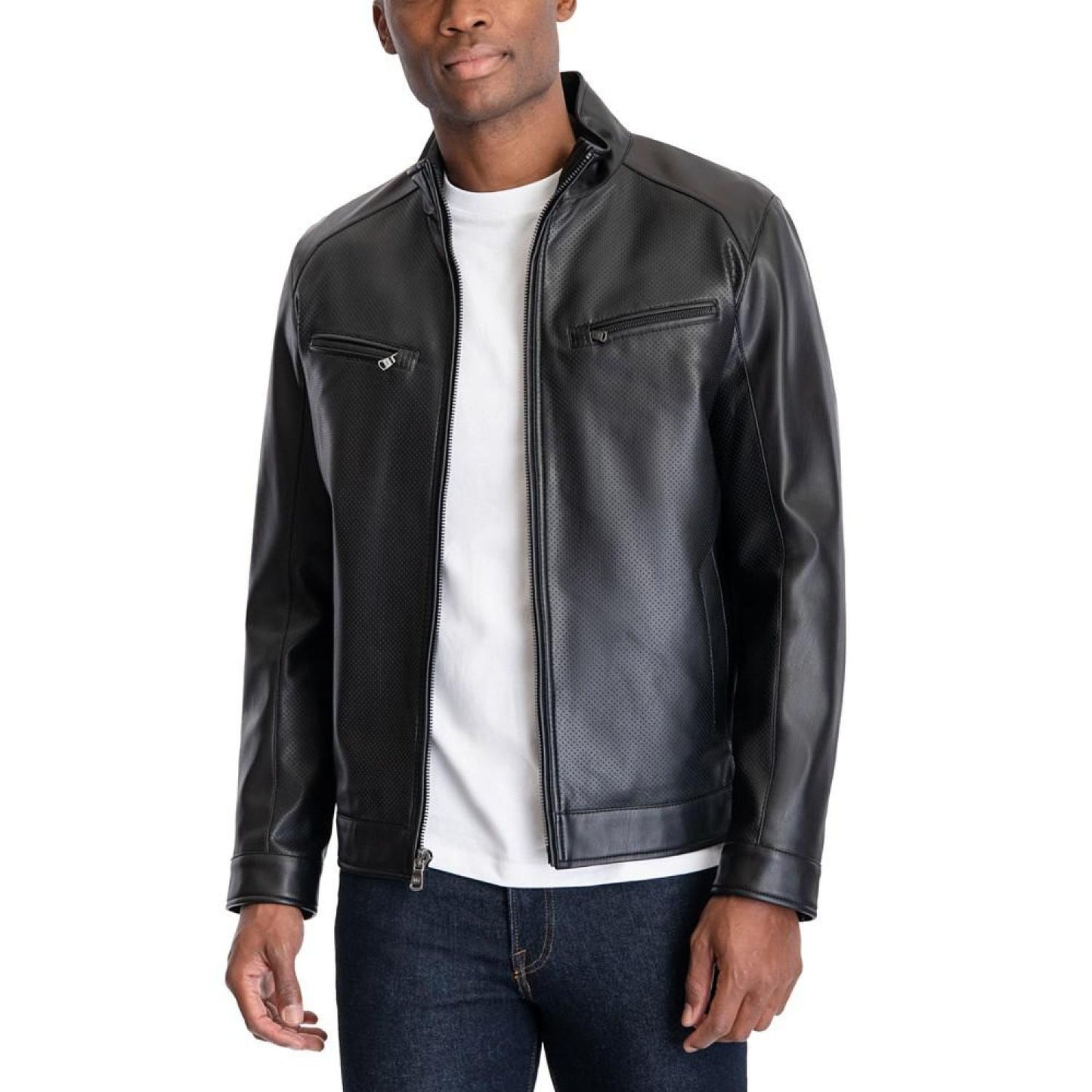 Men's Perforated Faux Leather Moto Jacket, Created for Macy's