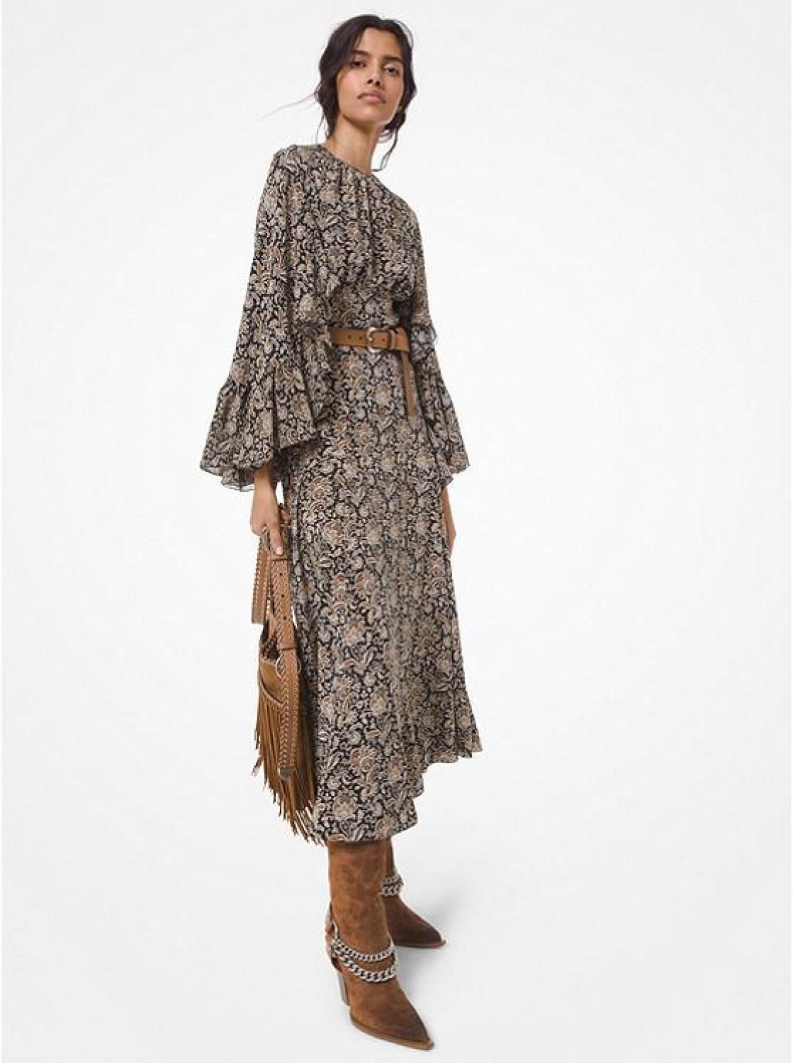 Floral Silk Crepe de Chine Cape Dress