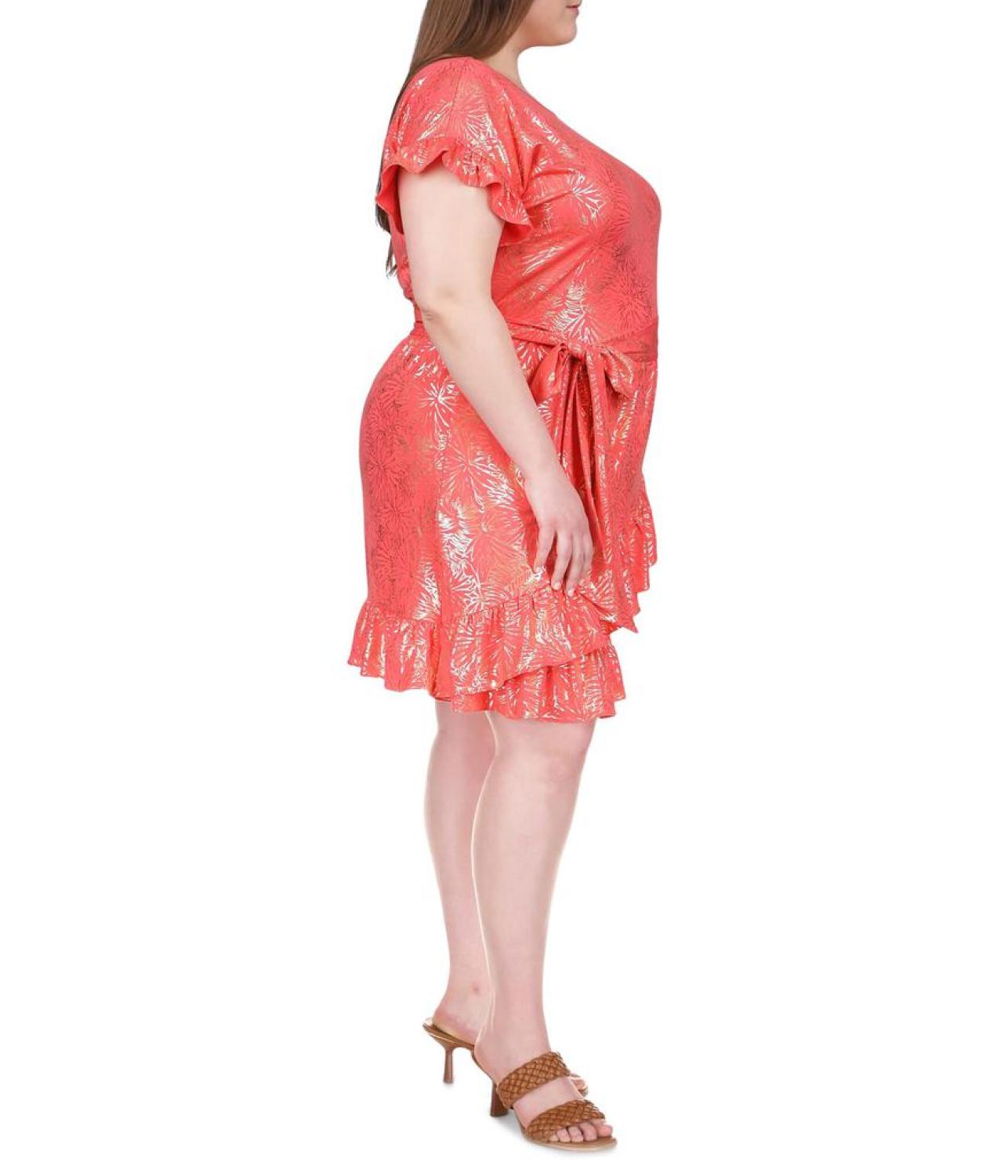 Plus Size Foil Matte Jersey Ruffle Wrap Dress