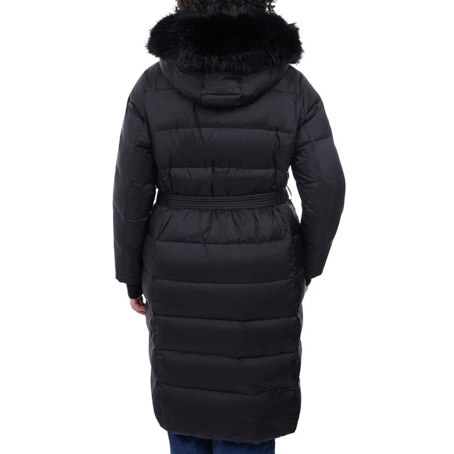 Women's Plus Size Shine Belted Faux-Fur-Trim Hooded Puffer Coat