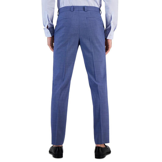 Men's Modern-Fit Stretch Mid Blue Micro-Houndstooth Wool Suit Pants