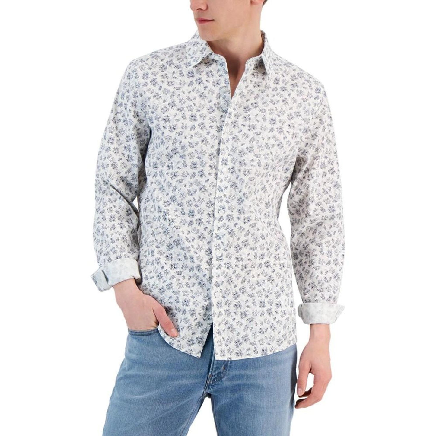 Men's Slim-Fit Stretch Multi Floral Bouquet Print Long-Sleeve Button-Up Shirt