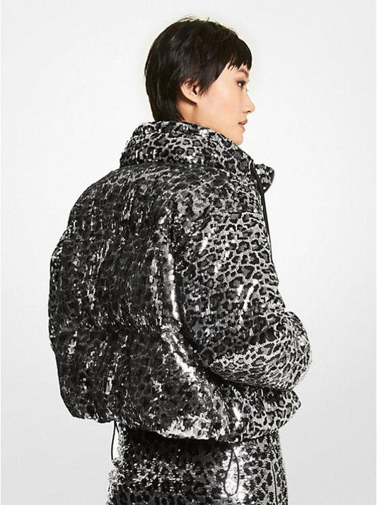 Leopard Sequined Cropped Puffer Jacket