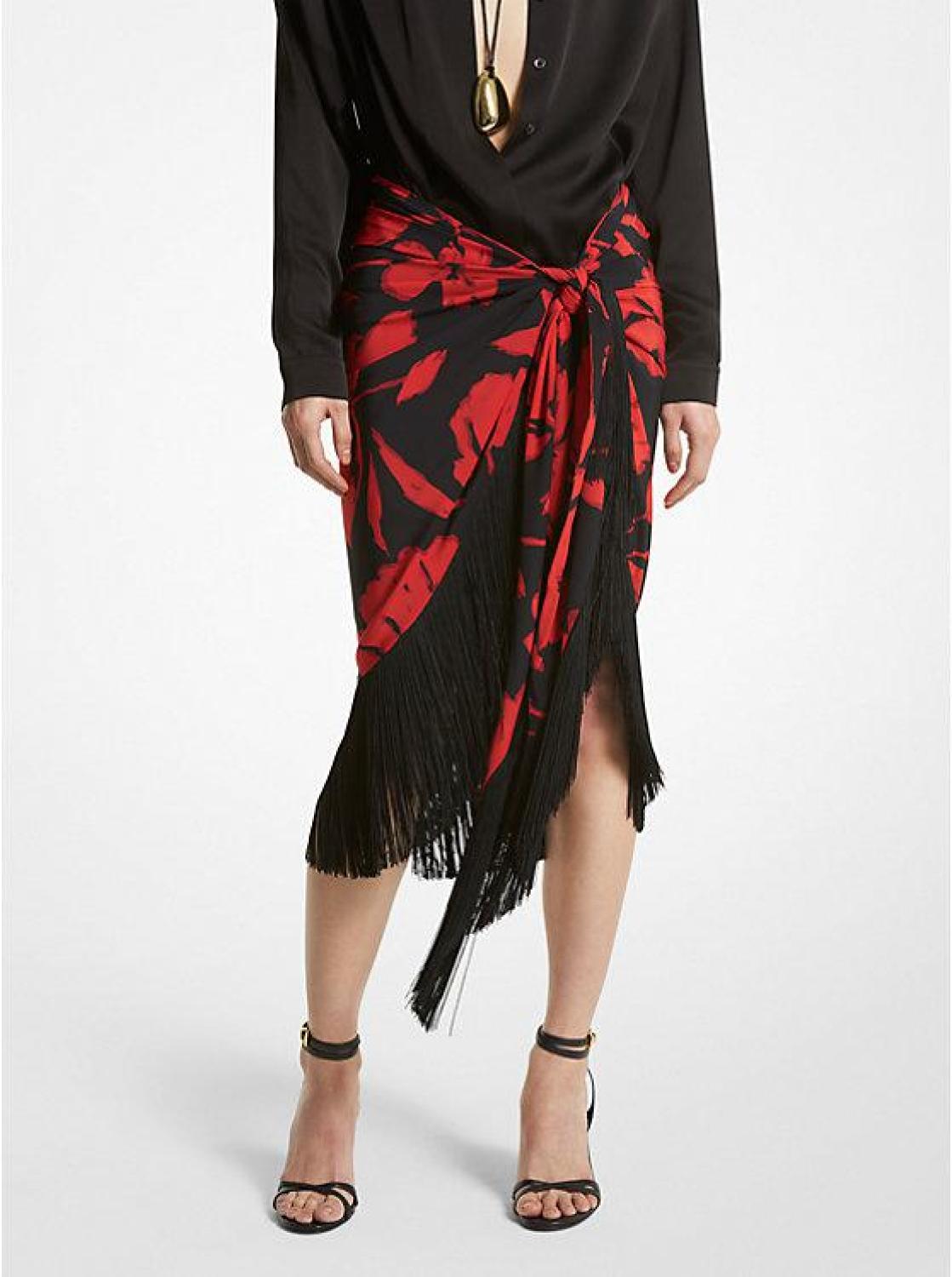 Brushstroke Floral Silk Crepe De Chine Fringed Sarong Skirt