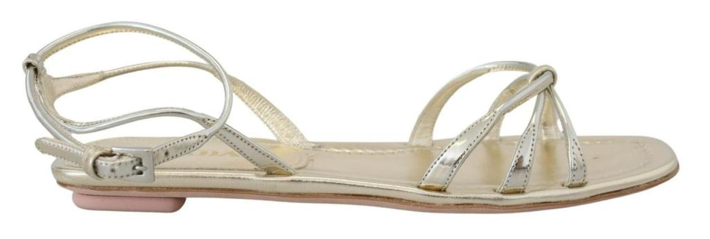 Prada Metallic Leather Sandals Ankle Strap Flats Women's Shoes
