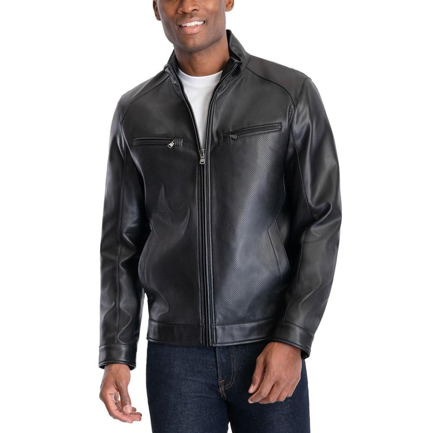 Men's Perforated Faux Leather Moto Jacket, Created for Macy's