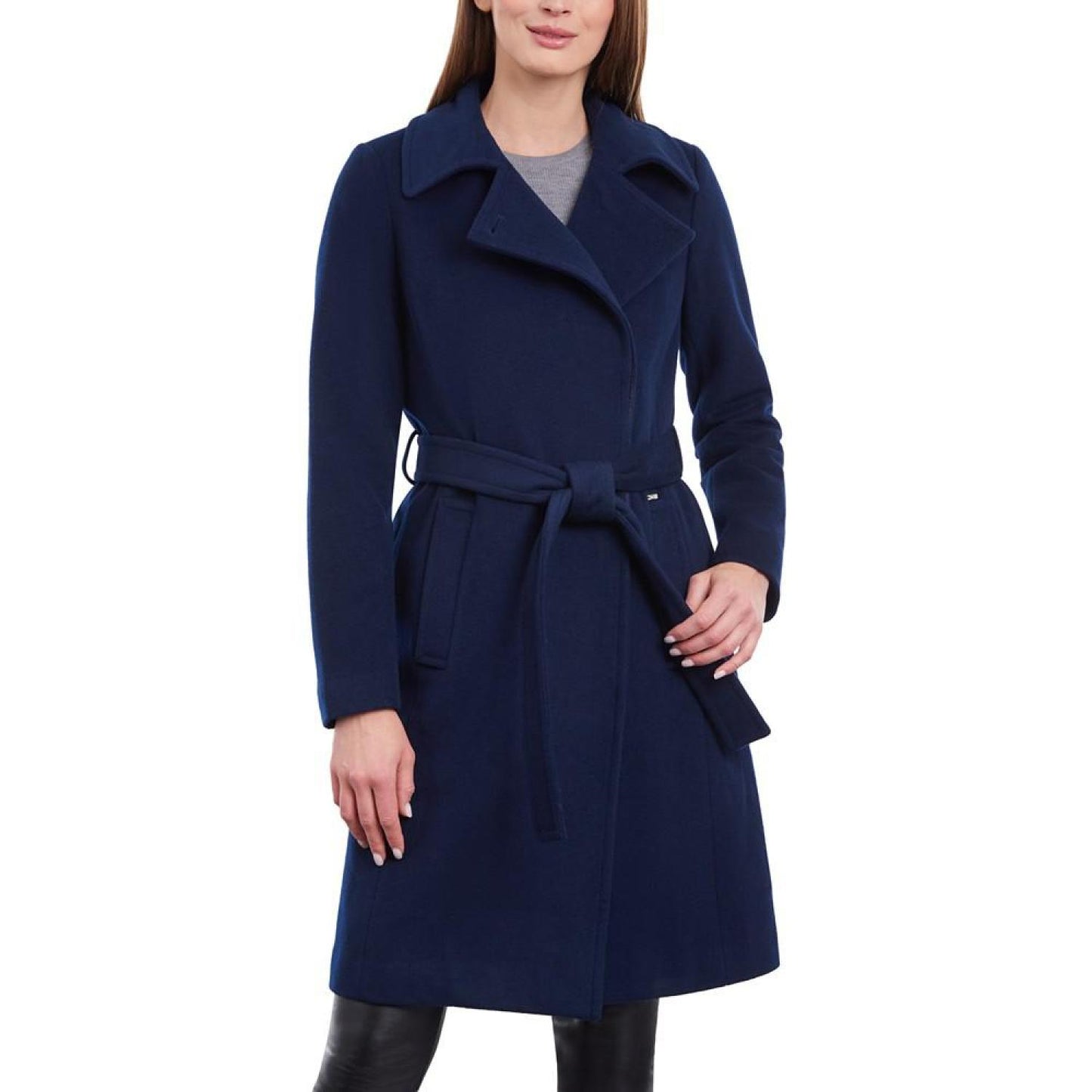 Women's Petite Belted Notched-Collar Wrap Coat