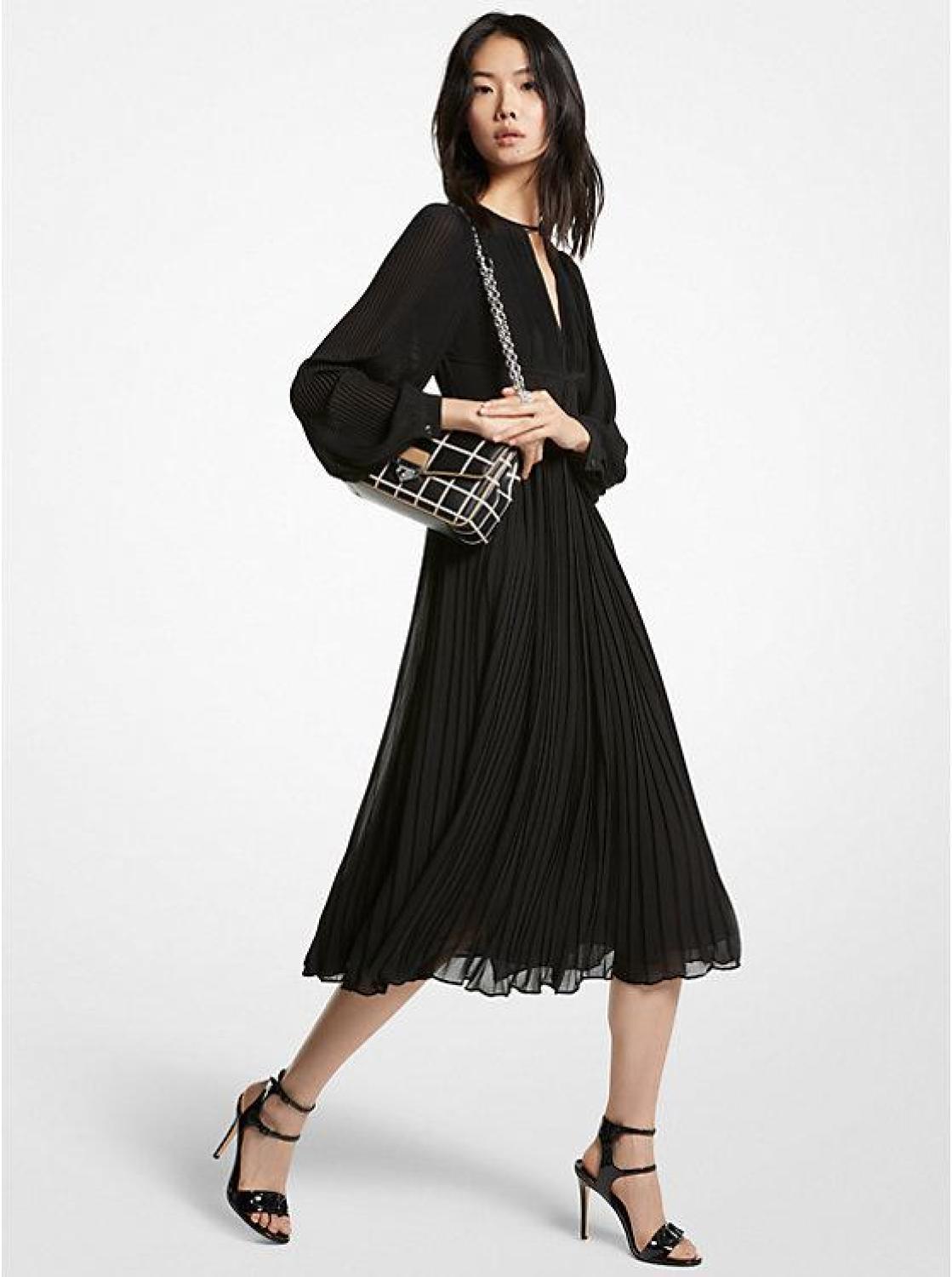 pleated georgette midi dress Michael Kors Pleated Georgette Midi Dress in Black