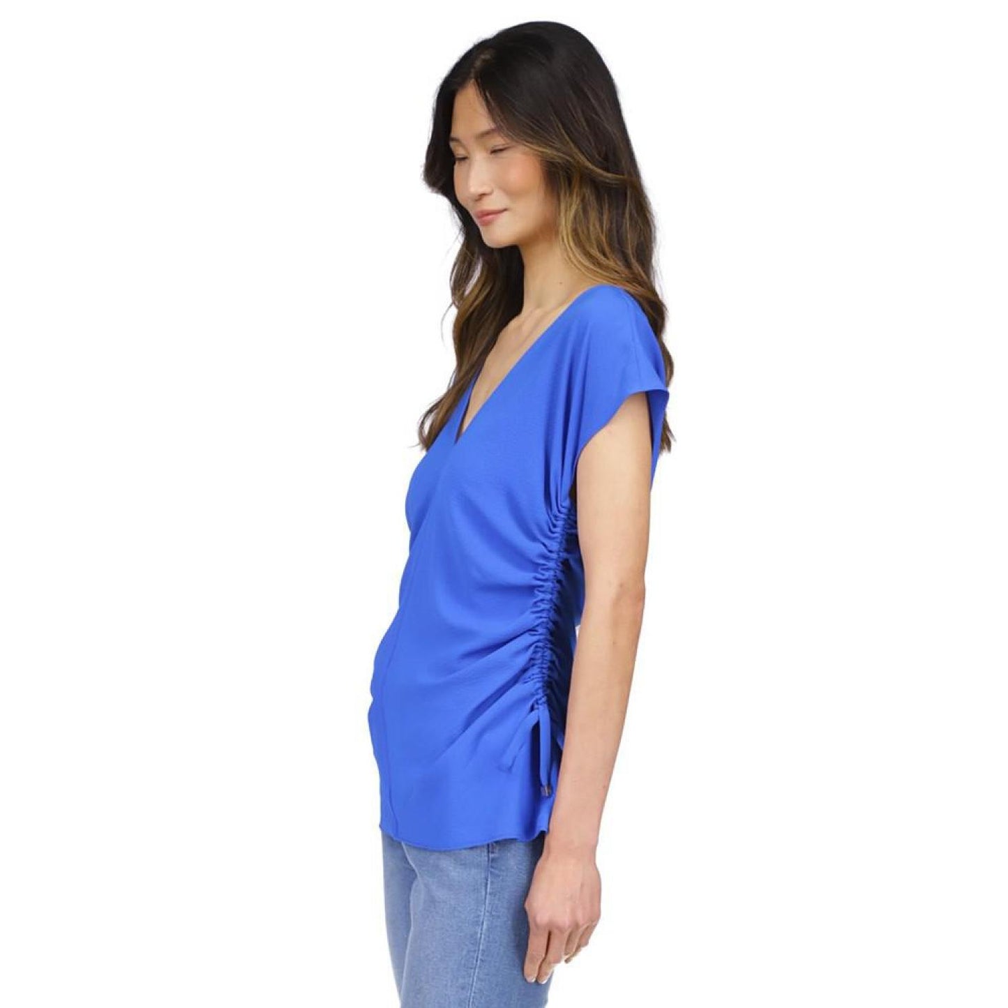 Women's Solid Ruched V-Neck Top