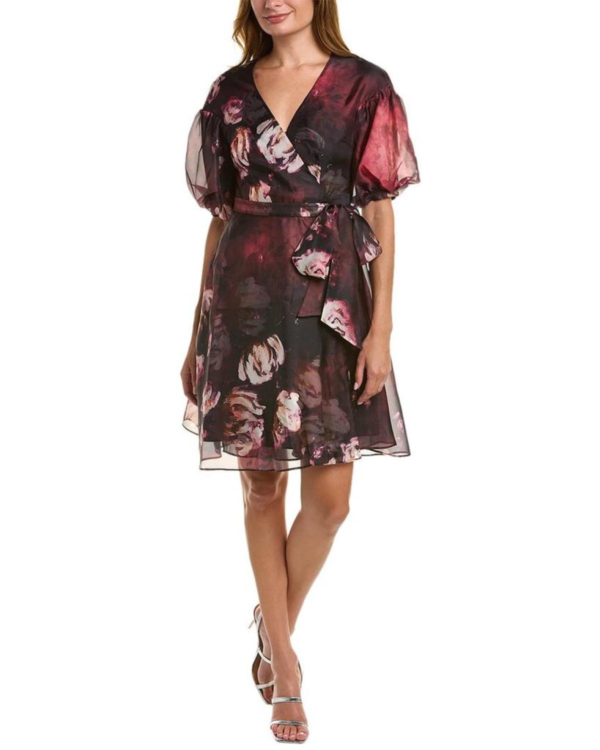 organza wrap dress Women's Organza Wrap Waist Puff Sleeve Midi Dress, Purple