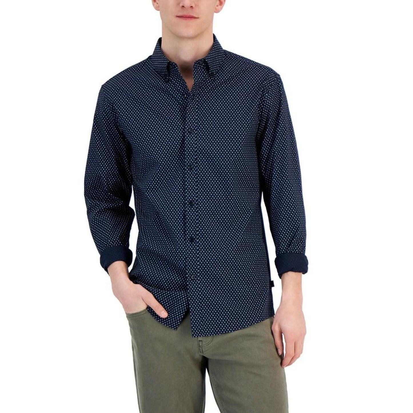 Men's Slim-Fit Stretch Double Diamond Print Long-Sleeve Button-Up Shirt