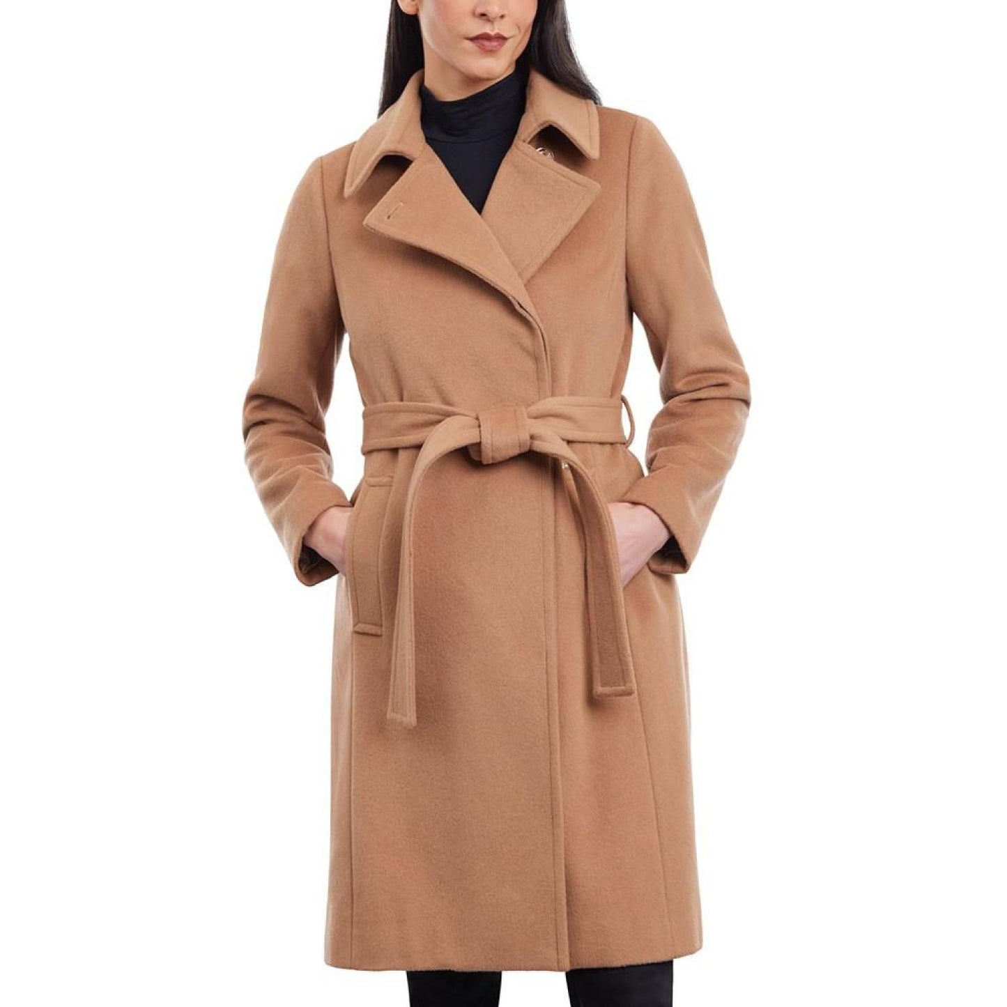 Women's Petite Belted Notched-Collar Wrap Coat