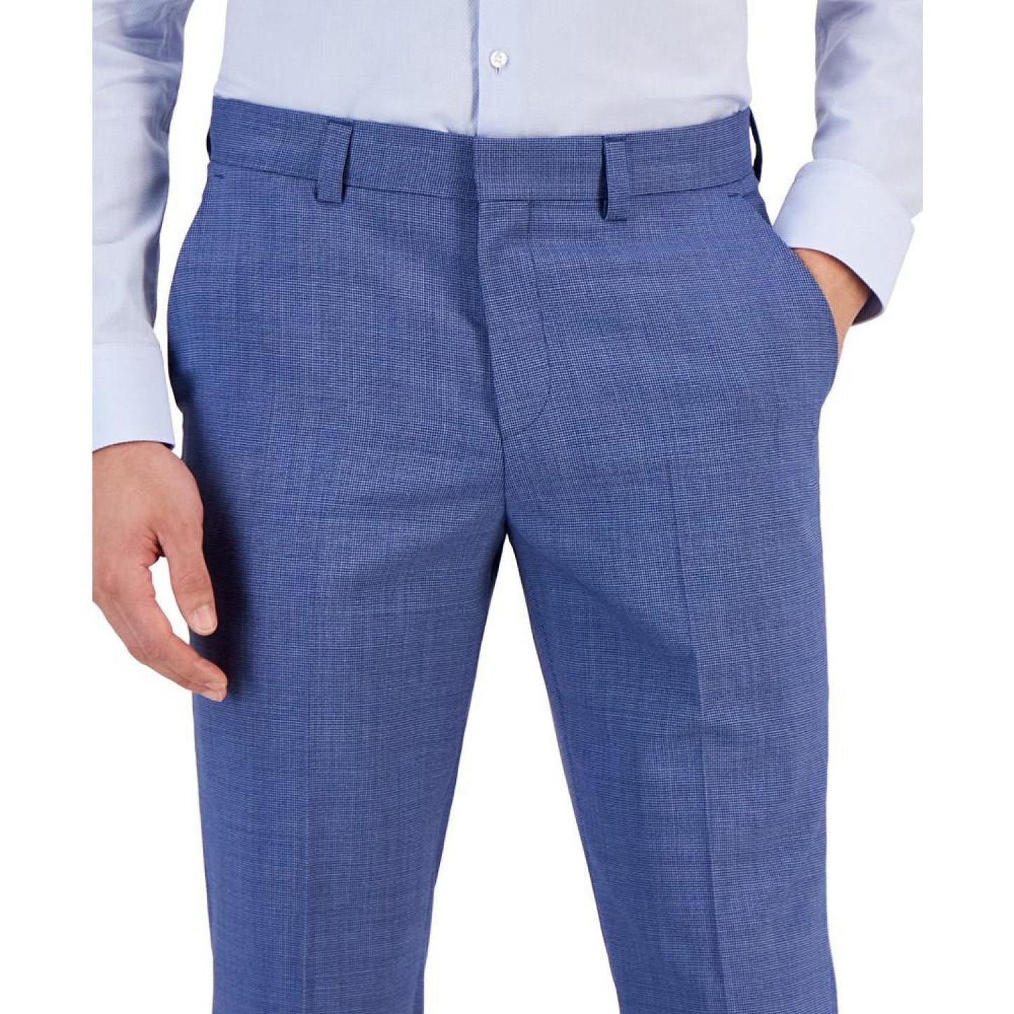 Men's Modern-Fit Stretch Mid Blue Micro-Houndstooth Wool Suit Pants