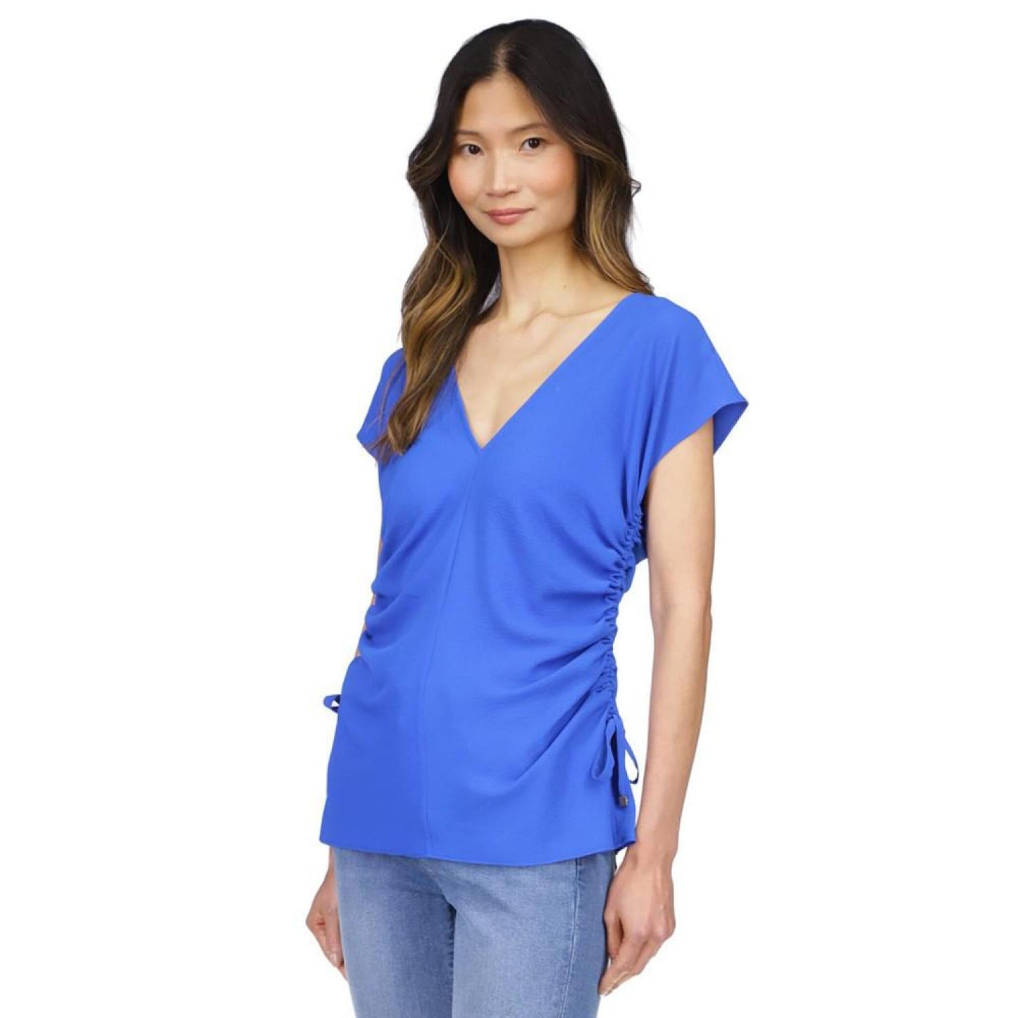 Women's Solid Ruched V-Neck Top
