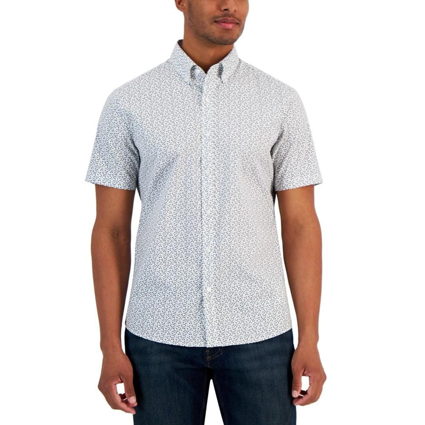 Men's Modern-Fit Stretch Broken Geometric Floral-Print Button-Down Shirt