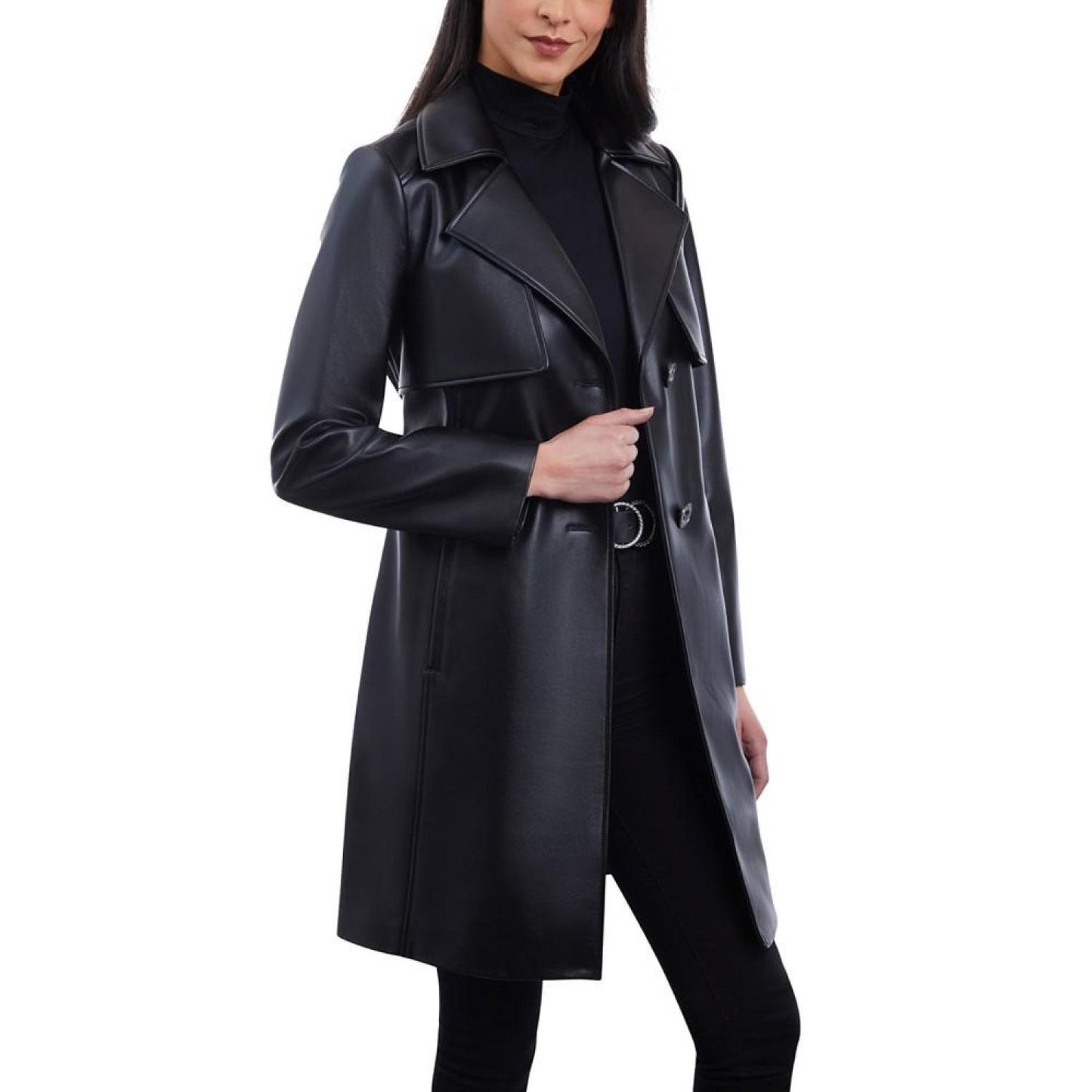 Women's Belted Faux-Leather Trench Coat