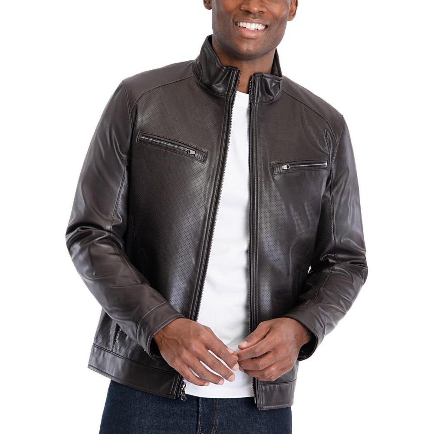 Men's Perforated Faux Leather Moto Jacket, Created for Macy's