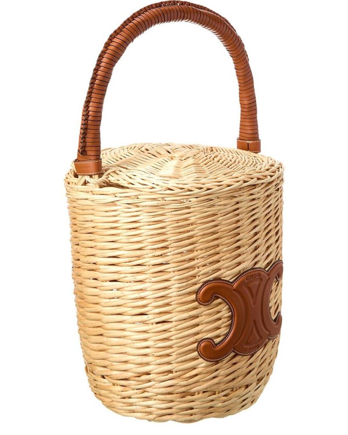 CELINE Logo Wicker & Leather Basket Tote