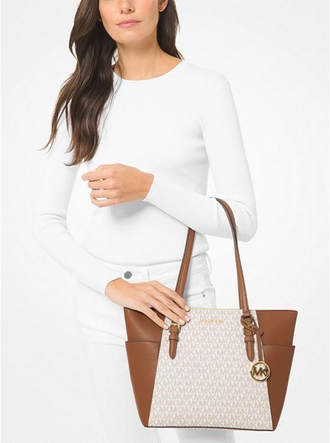 Charlotte Large Logo and Leather Top-Zip Tote Bag