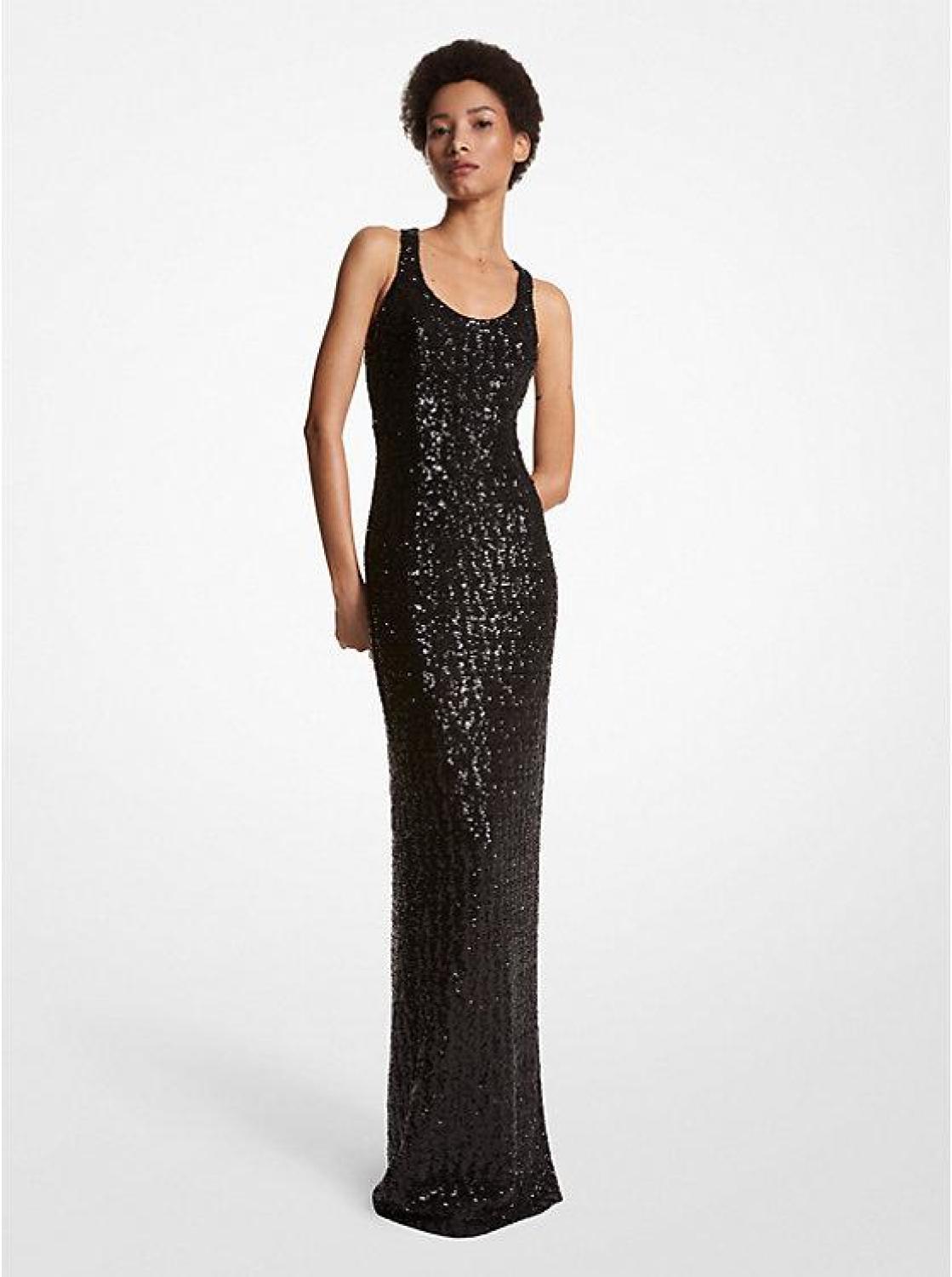 Paillette Embroidered Stretch Tulle Racerback Gown