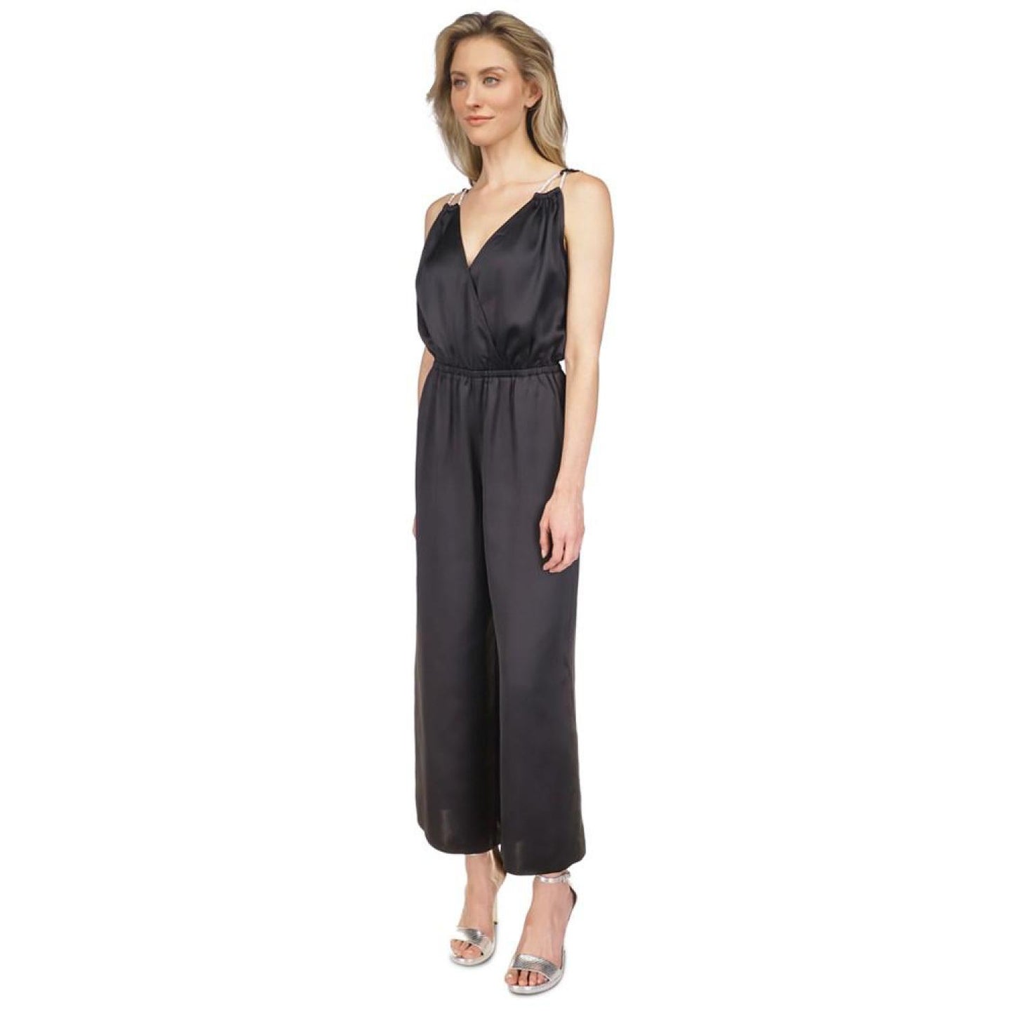 Women's Rhinestone-Strap Surplice Jumpsuit, Regular & Petite