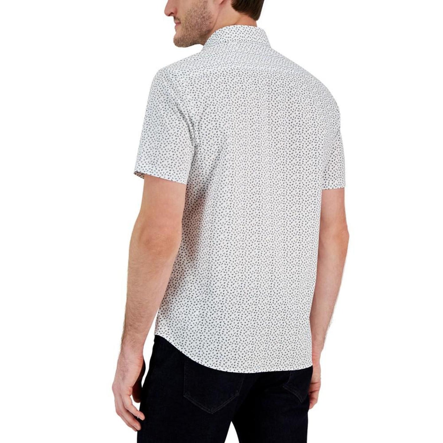 Men's Slim-Fit Stretch Bud Floral Leaf Print Short-Sleeve Button-Up Shirt