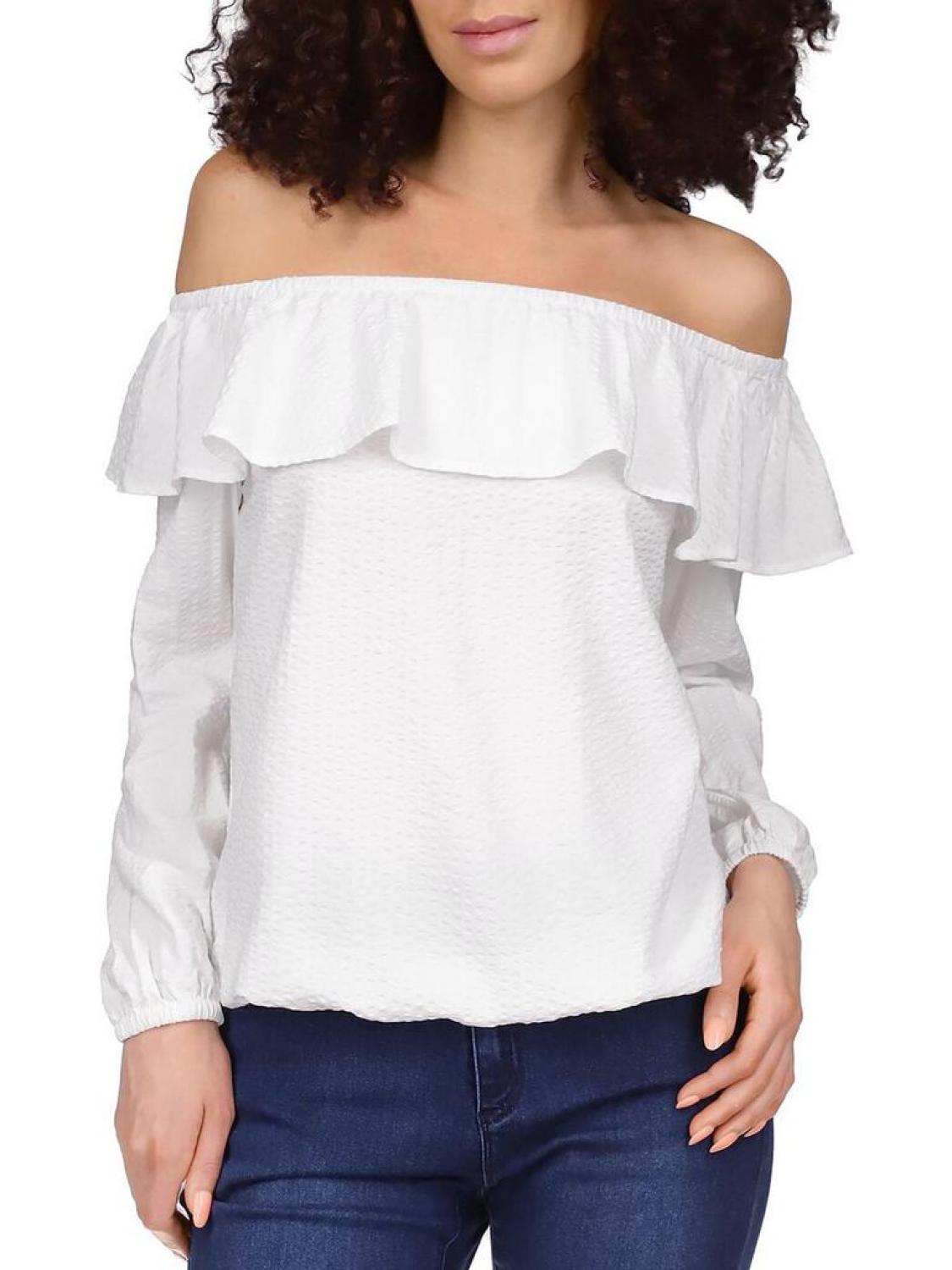 Womens Ruffle Off-The-Shoulder Pullover Top