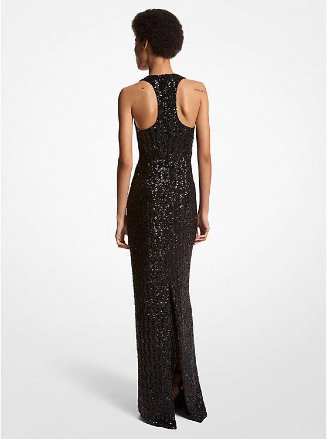 Paillette Embroidered Stretch Tulle Racerback Gown