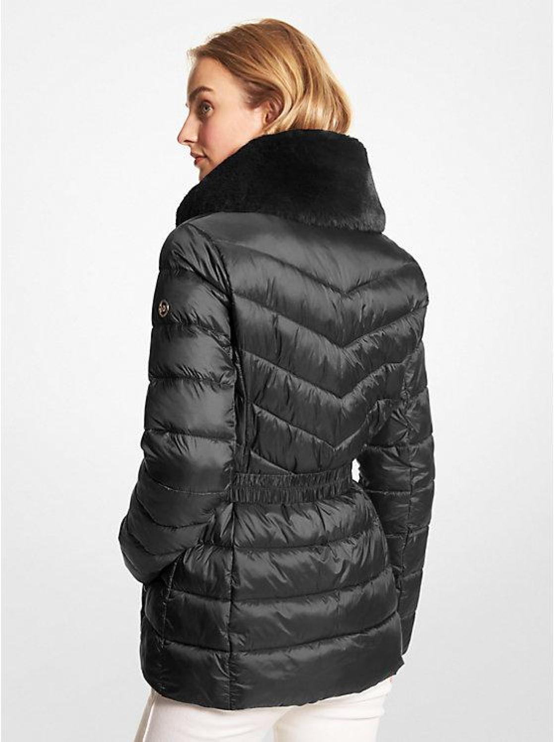 Faux Fur Trim Quilted Nylon Packable Puffer Jacket