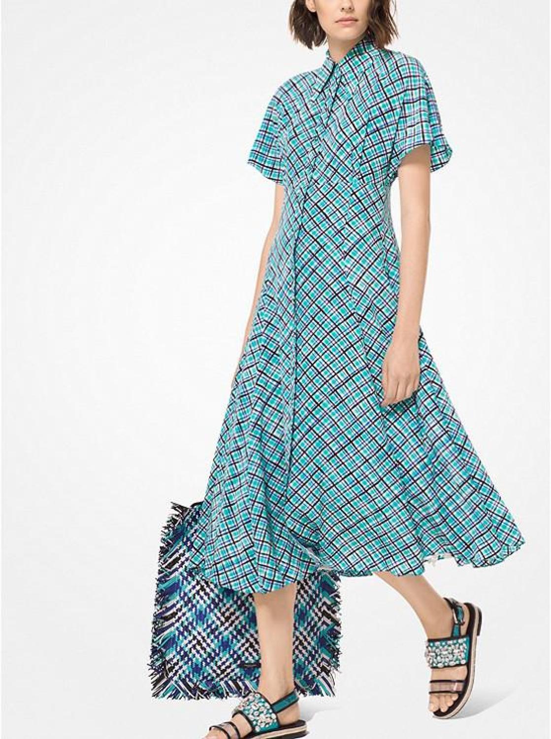 Windowpane Crushed Crepe De Chine Shirtdress