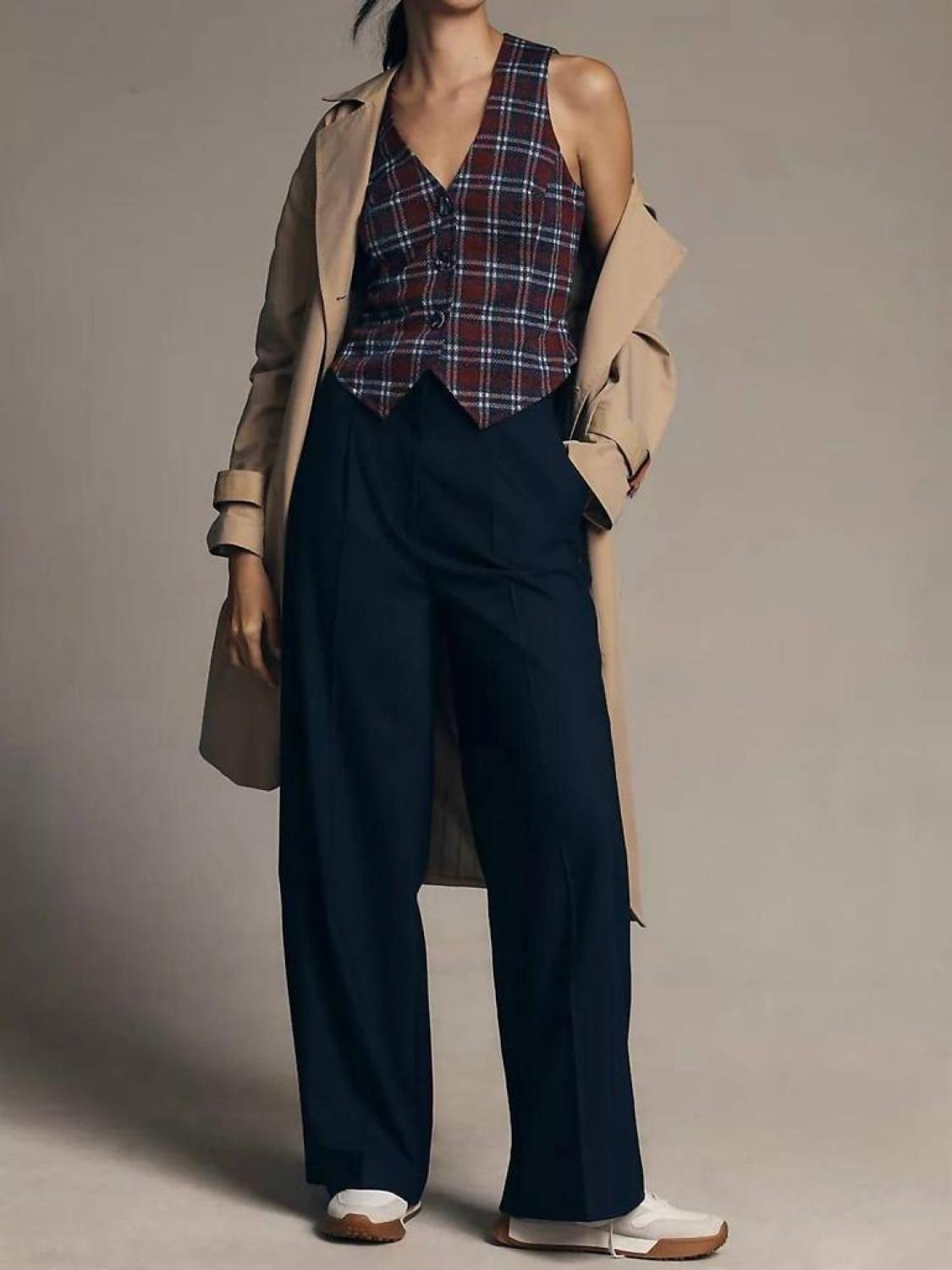 Plaid Button-Front Vest In Navy