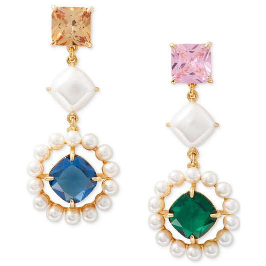 Gold-Tone Color Cubic Zirconia, Freshwater & Imitation Pearl Halo Linear Drop Earrings