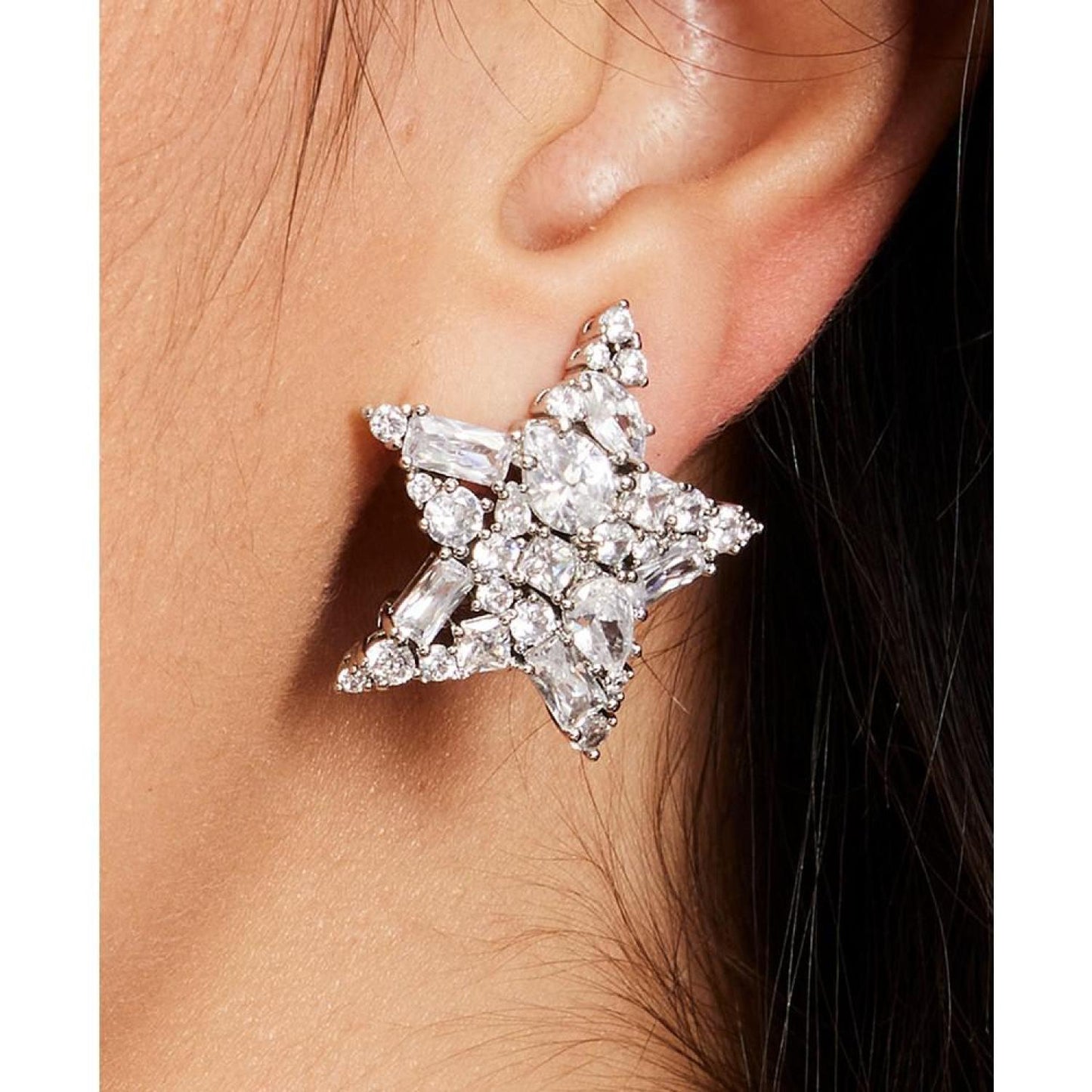 Silver-Tone Cubic Zirconia Star Statement Stud Earrings