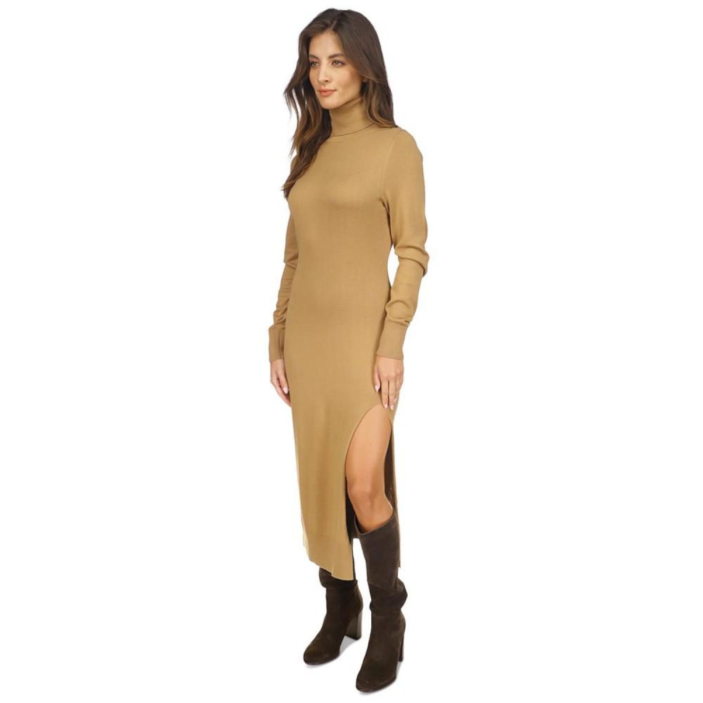 Women's Turtleneck Slit Midi Sweater Dress, Regular & Petite