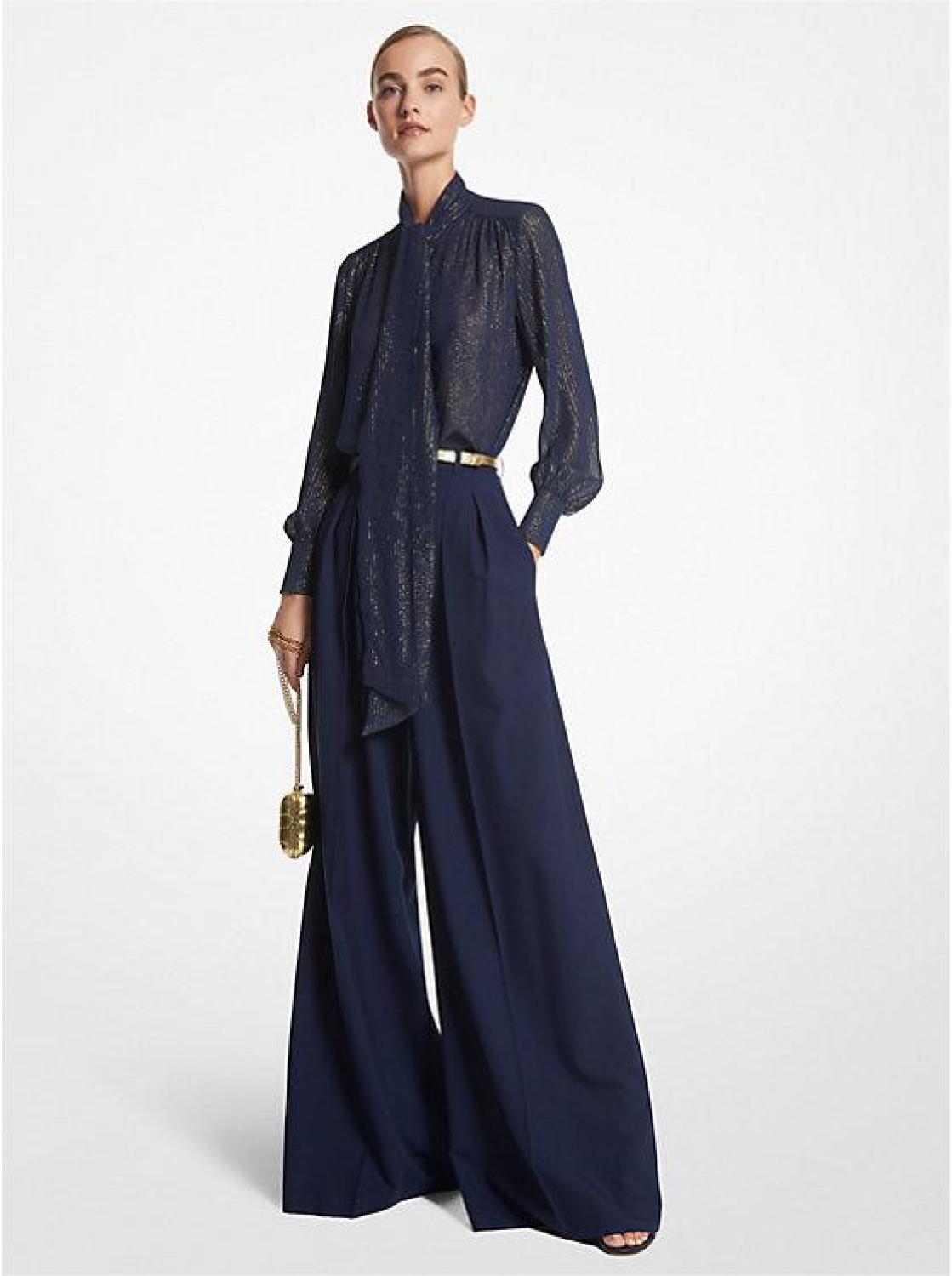 Striped Silk Blend Lamé Tie-Neck Blouse