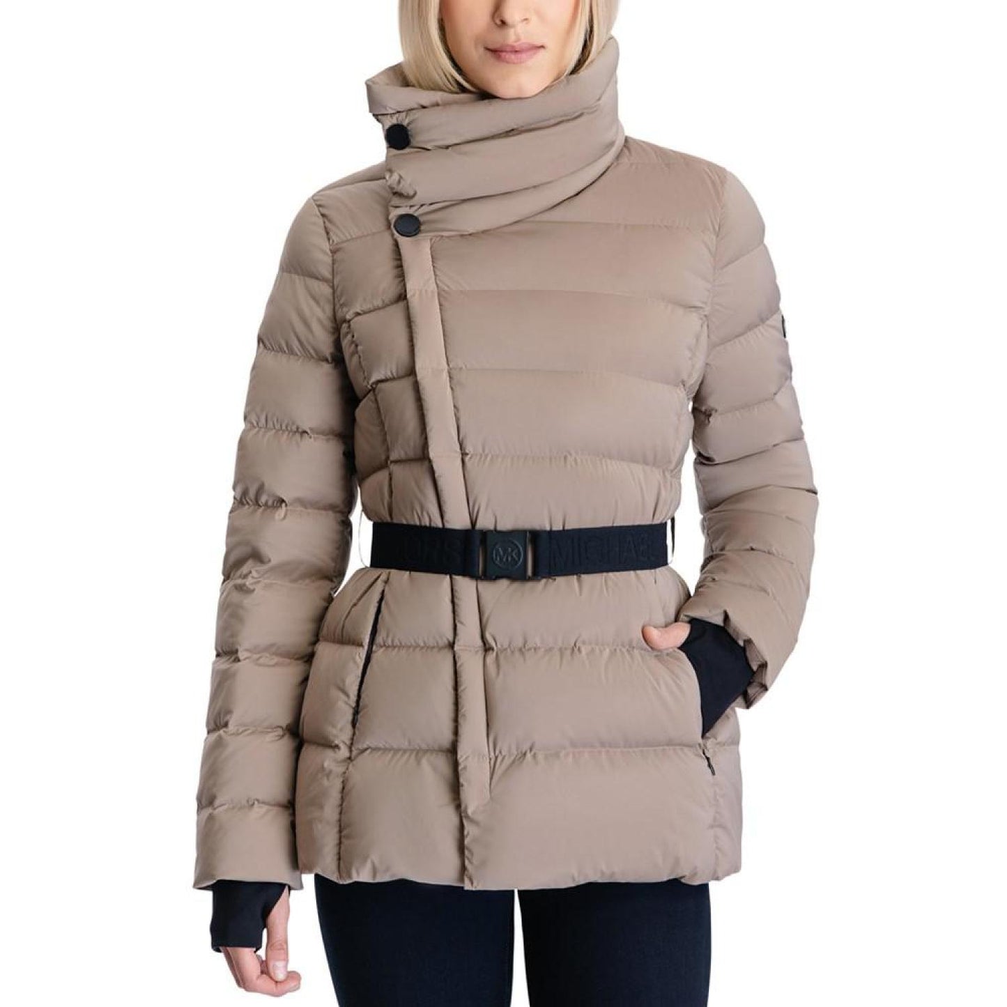 Women's Stretch Asymmetrical Belted Packable Down Puffer Coat
