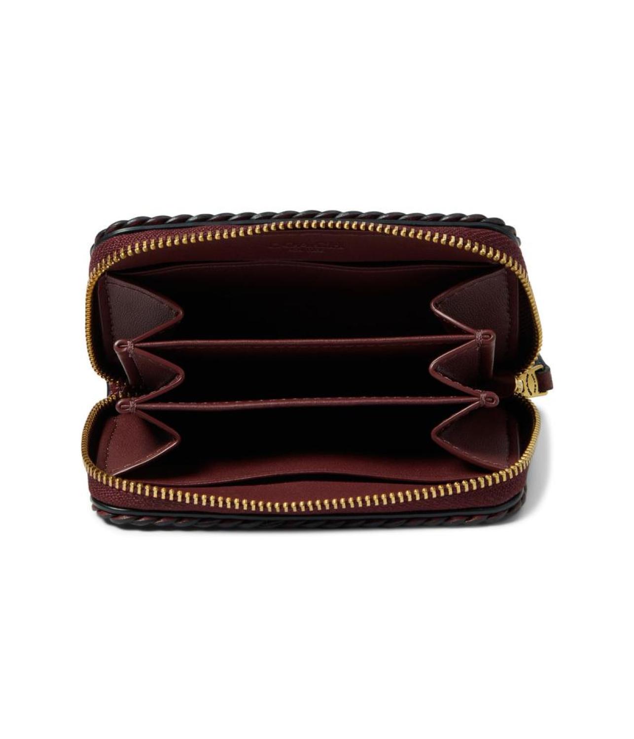 Braided Leather Trim Small Zip Around Card Case